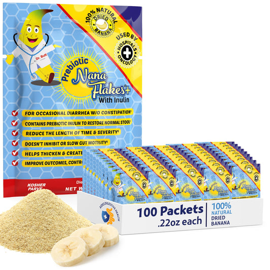 Nutritional Designs Nana Flakes bottle with banana flakes ready to mix for digestive comfort.