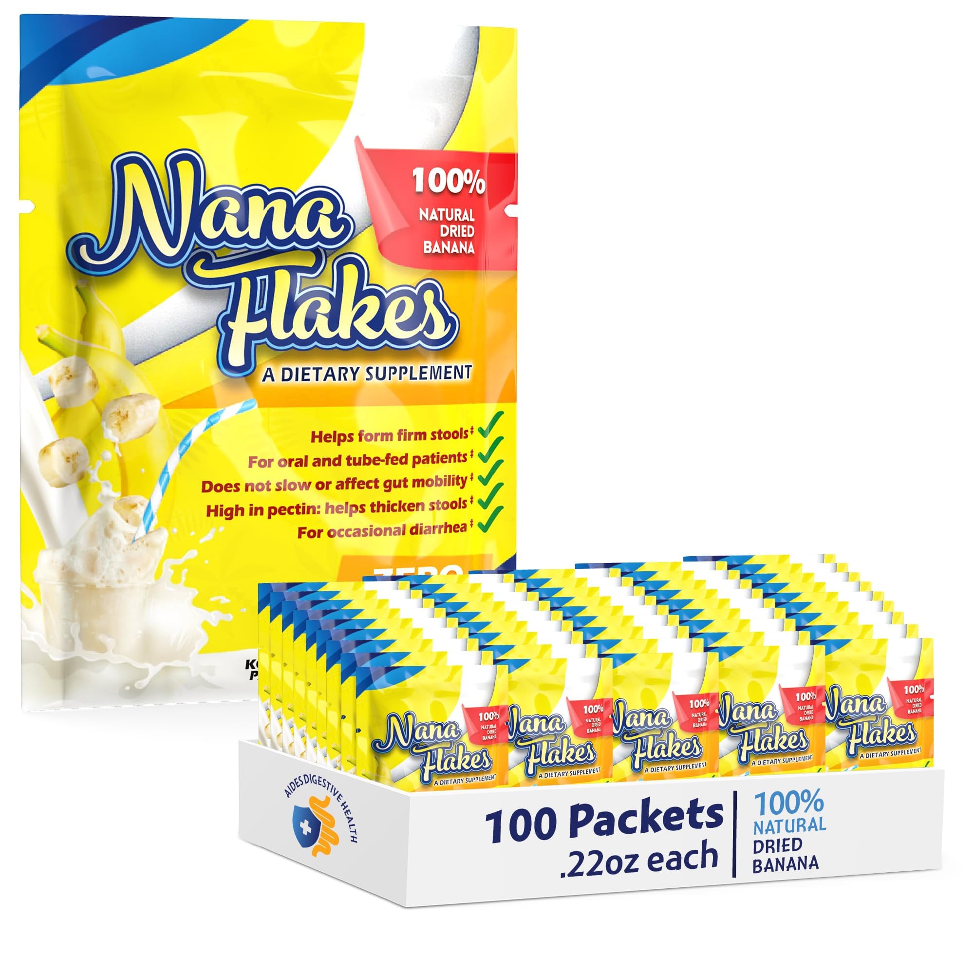 Nutritional Designs Nana Flakes bottle showing pure banana flakes for convenient daily use.