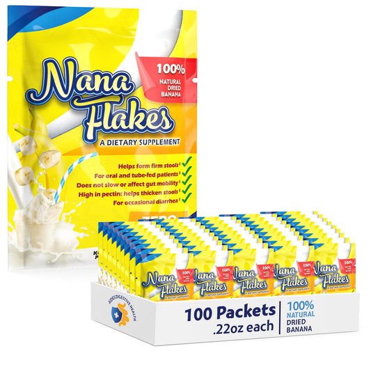 Nutritional Designs Nana Flakes bottle showing pure banana flakes for convenient daily use.