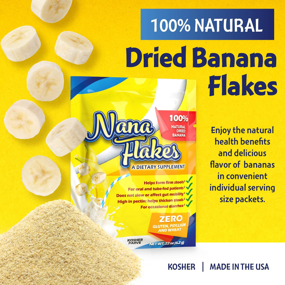 Nutritional Designs Nana Flakes IBS relief banana powder single-serve pack ready to mix with beverages.