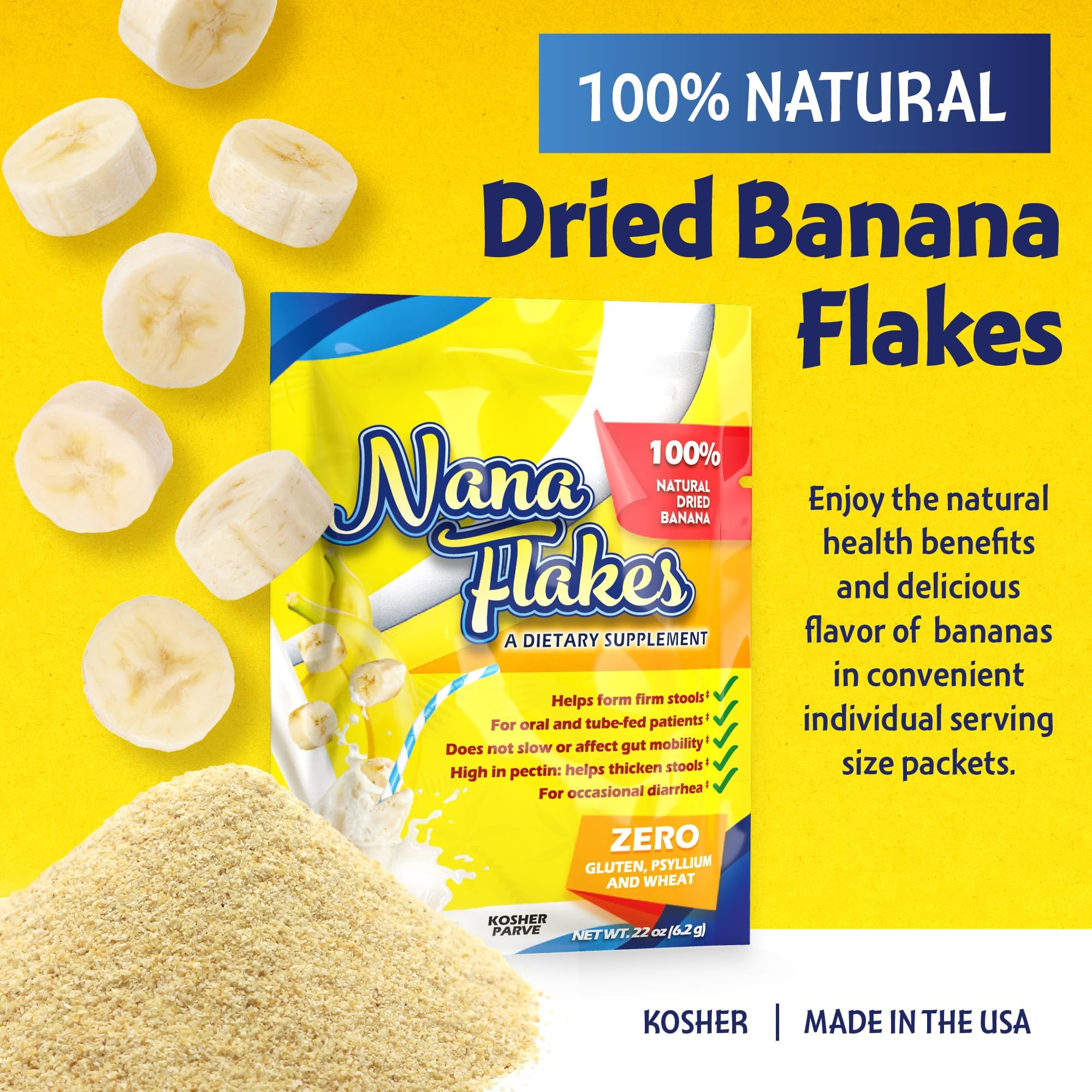 Nutritional Designs Nana Flakes serving scoop highlights easy, portion-controlled single packs.