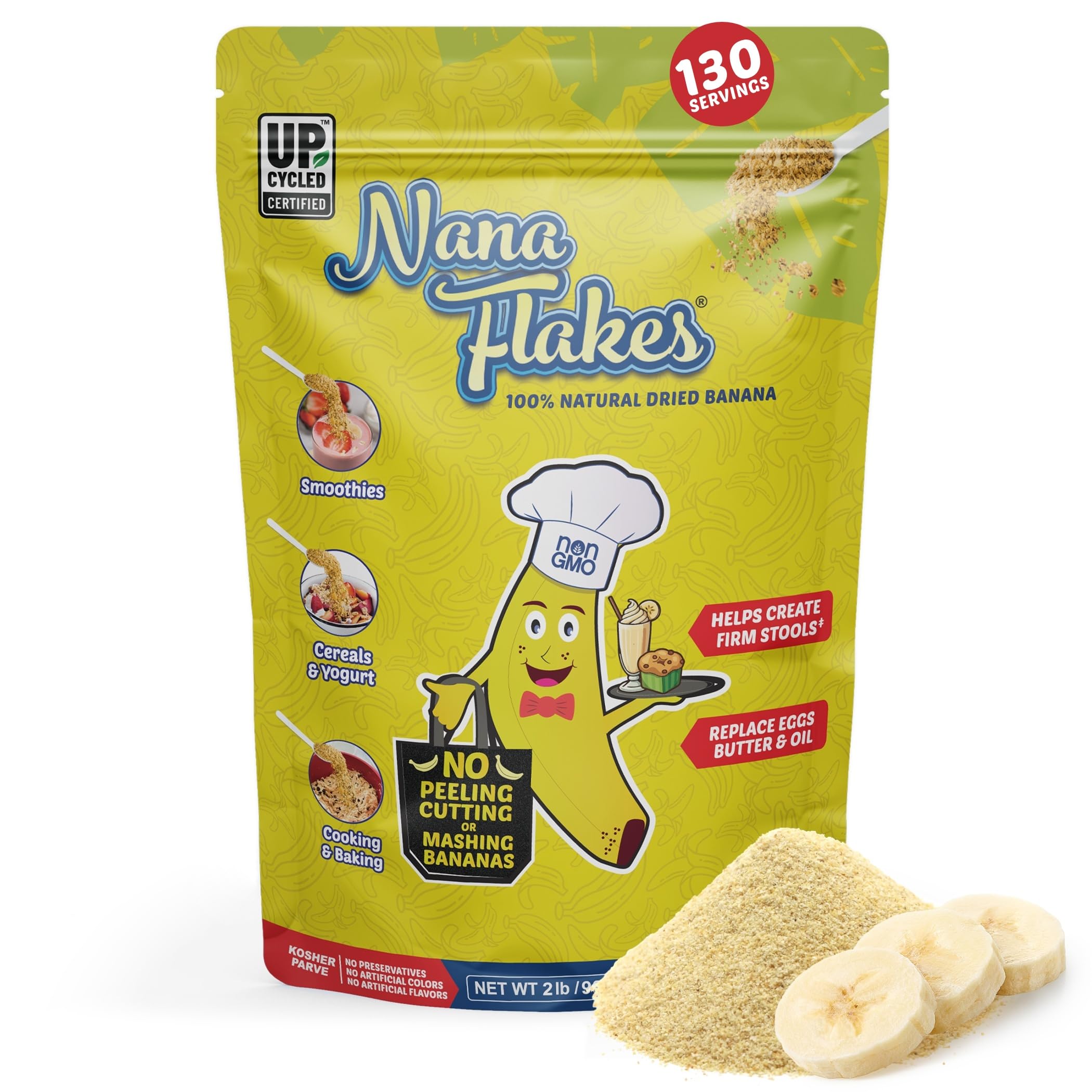 ND Labs Nana Flakes banana powder in resealable bag for easy pantry storage.