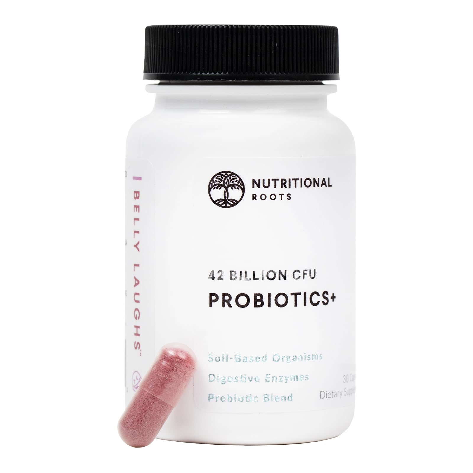 Nutritional Roots delayed-release bottle for targeted probiotic delivery.