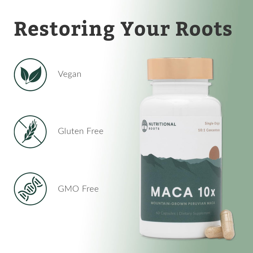 Nutritional Roots gelatinized maca capsules close-up designed for smoother absorption.