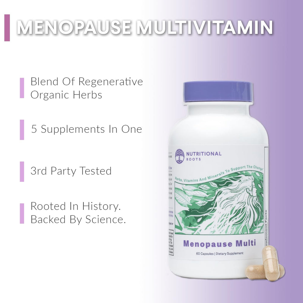 Nutritional Roots herbal capsules close-up showing ashwagandha and cohosh.