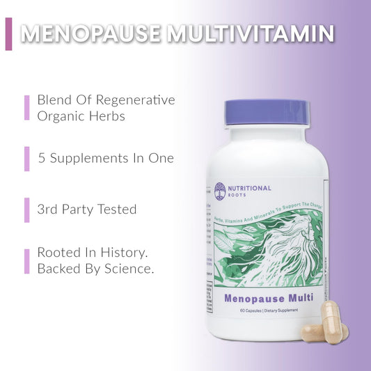 Nutritional Roots herbal capsules close-up showing ashwagandha and cohosh.
