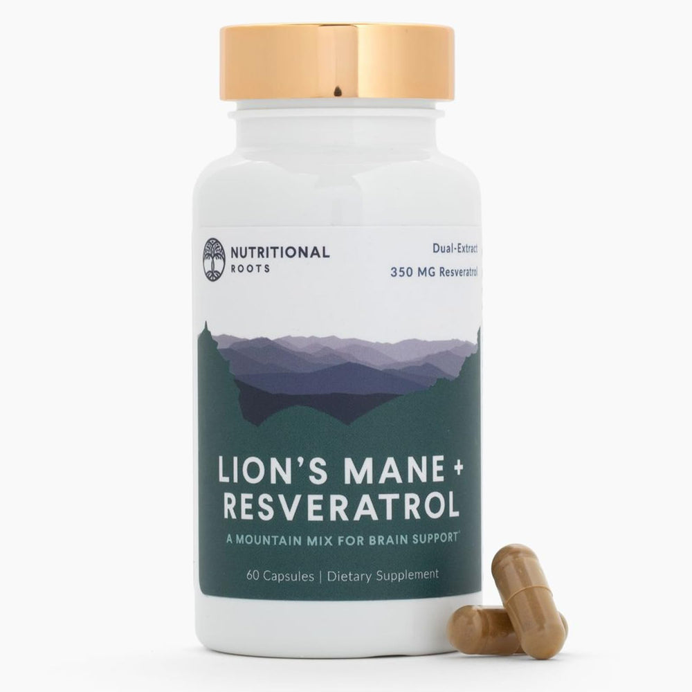 Nutritional Roots Lion’s Mane + Resveratrol capsules support brain health.