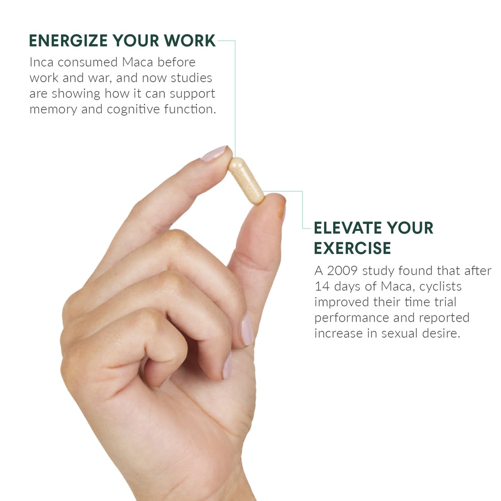 Nutritional Roots 10x concentration maca capsules close-up for potent, convenient daily dosing.