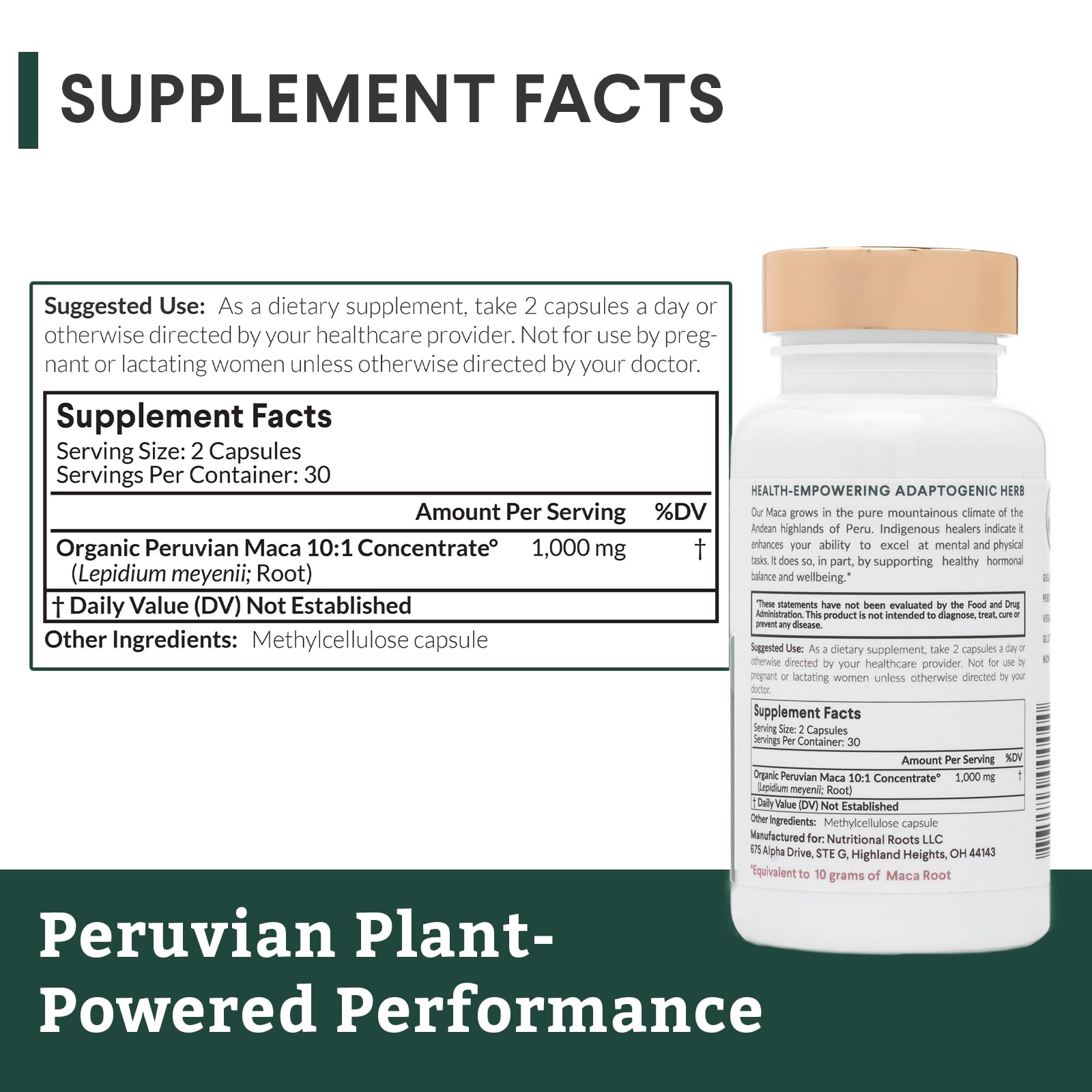 Nutritional Roots organic Peruvian maca from ancestral lands signals purity and traditional use.