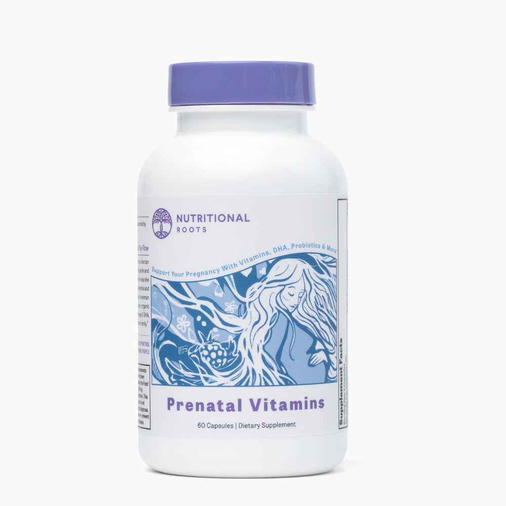 Nutritional Roots Prenatal DHA bottle with easy daily dose for balanced prenatal nourishment.