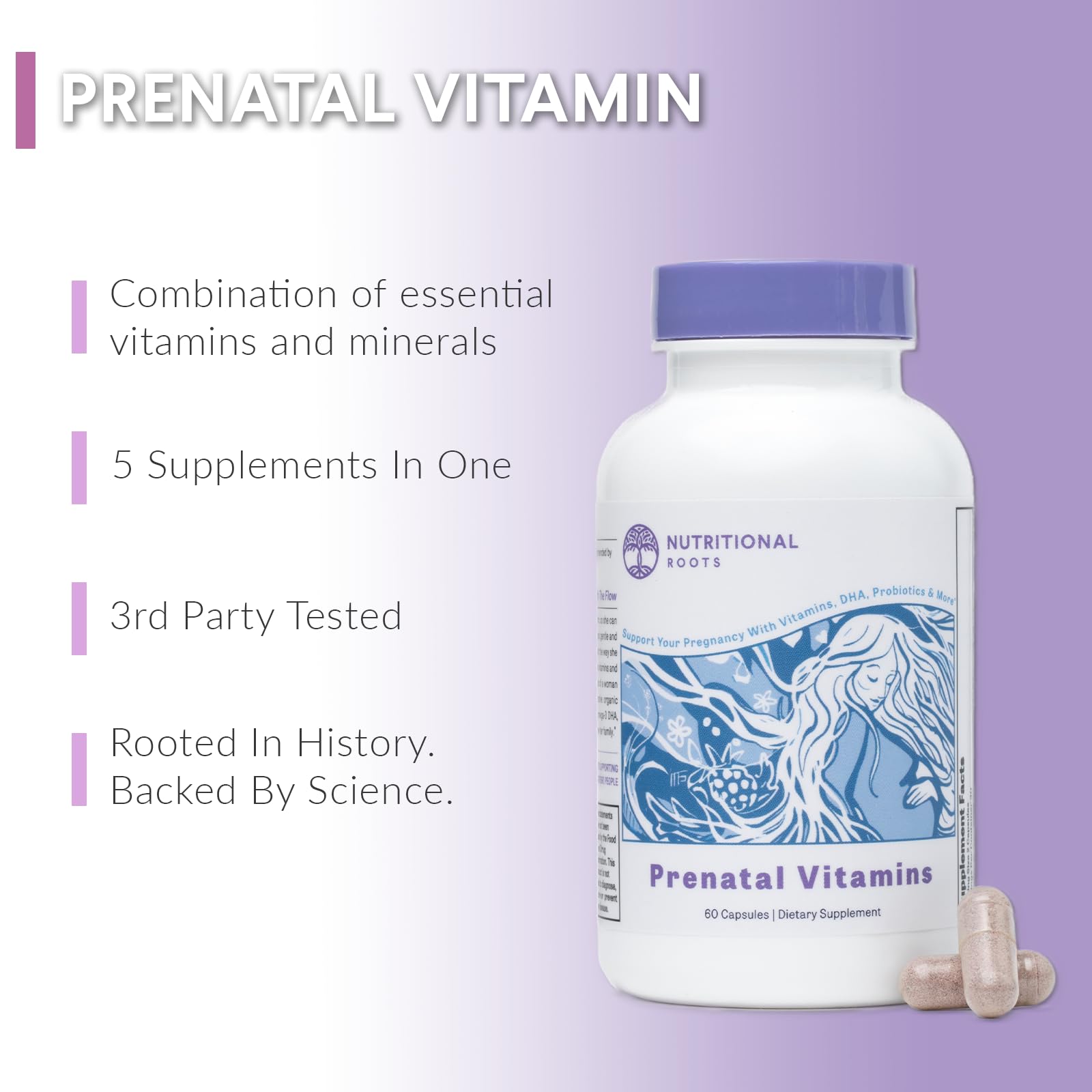 Nutritional Roots Prenatal DHA label highlights clean ingredients for sensitive needs.