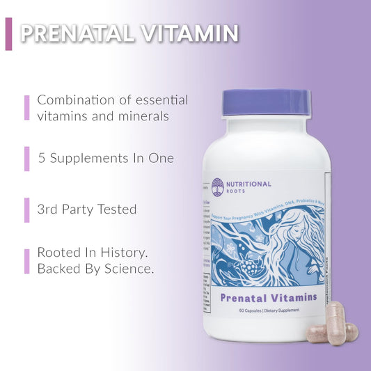Nutritional Roots Prenatal DHA label highlights clean ingredients for sensitive needs.