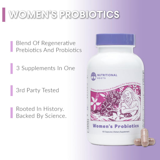 Nutritional Roots Women's Probiotics bottle promotes gut health with organic prebiotics.