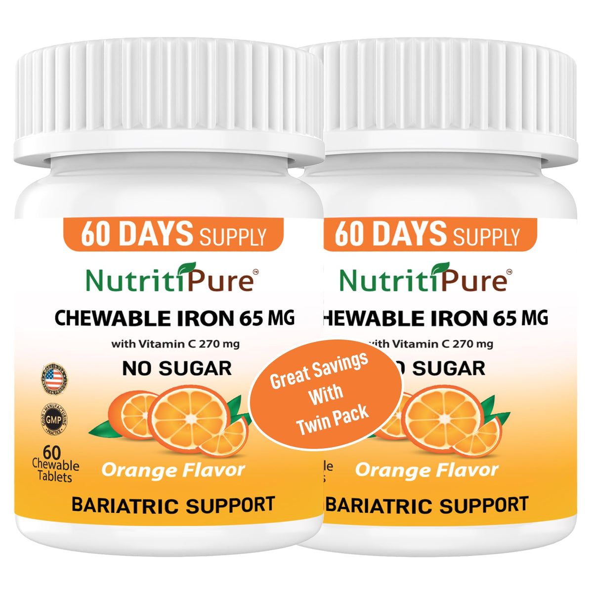 NutritiPure orange-flavor chewable iron tablet for a tasty daily option.