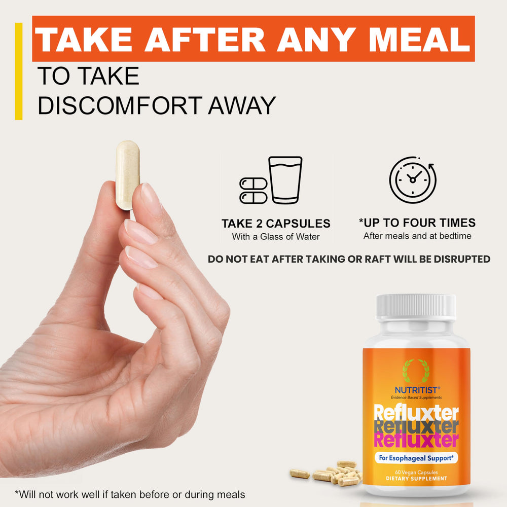 Nutritist Refluxter bottle and pills on a kitchen counter