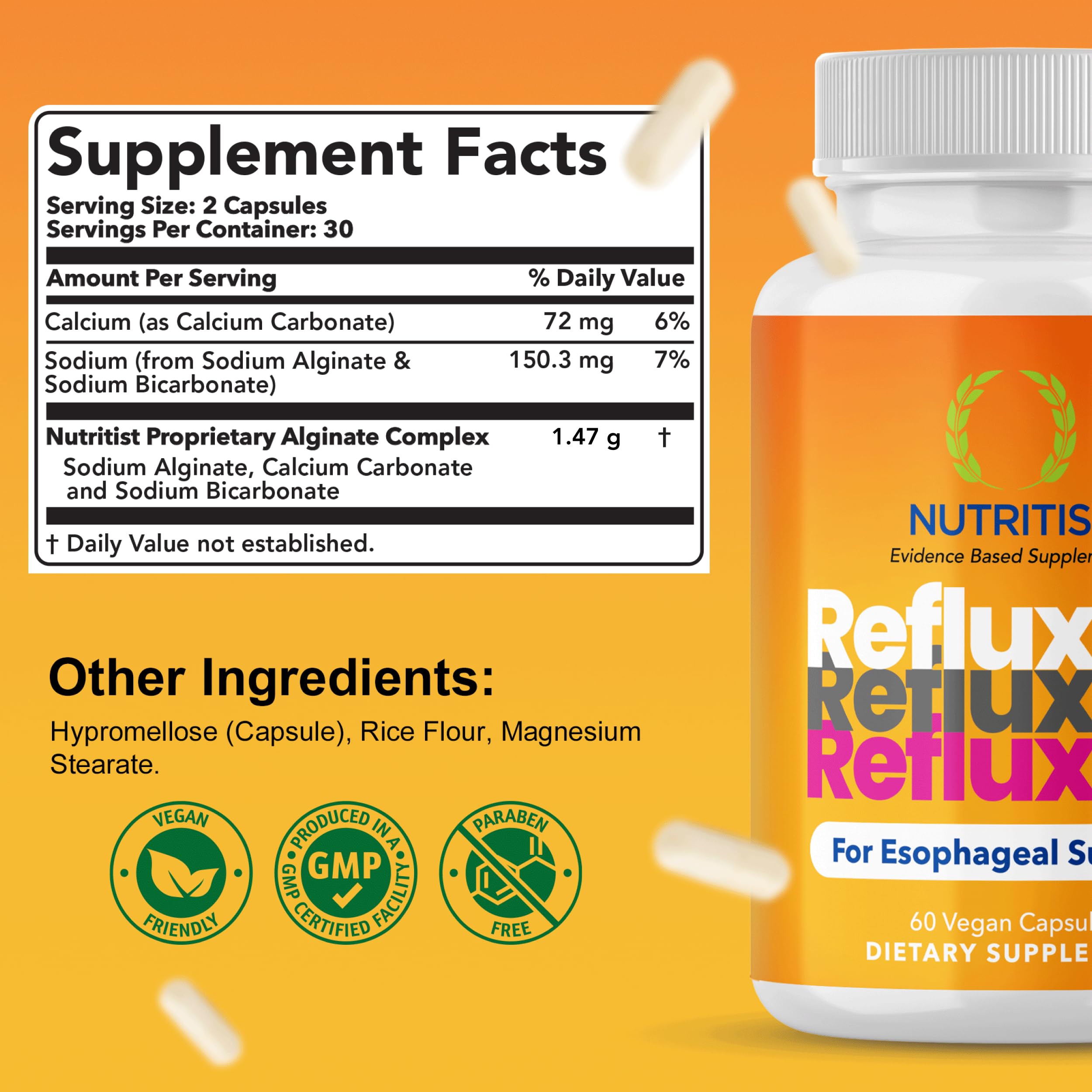 Nutritist Refluxter capsules closeup highlighting easy, vegan capsules for after‑meal use