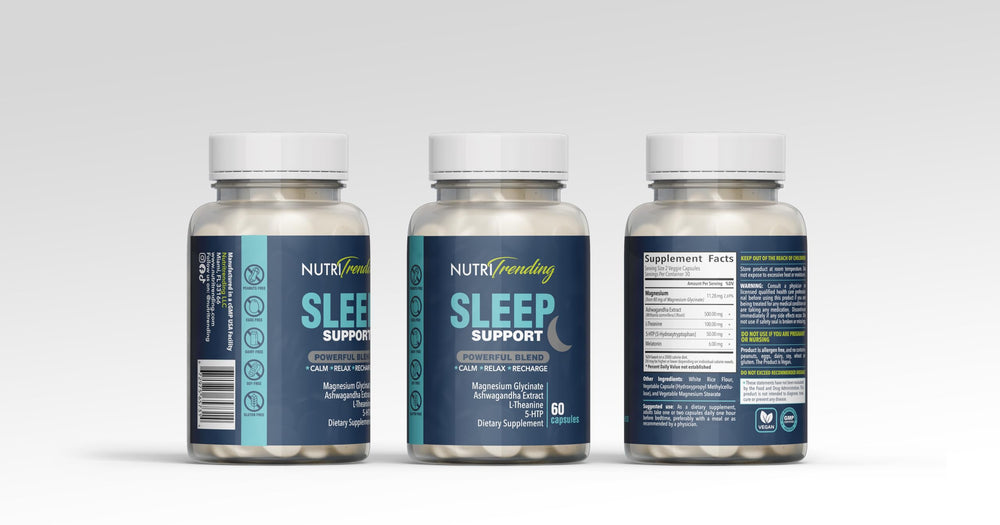 NutrTrending Sleep Support next to a pillow and book for night routine.