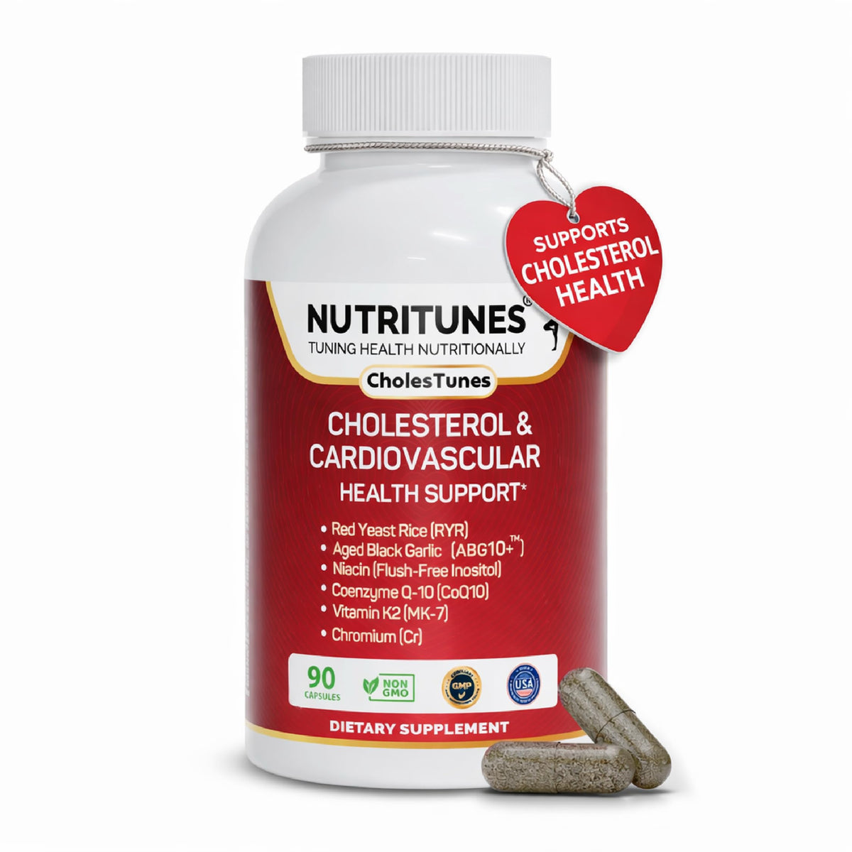 Nutritunes Cholesterol Support bottle front promotes daily heart wellness.