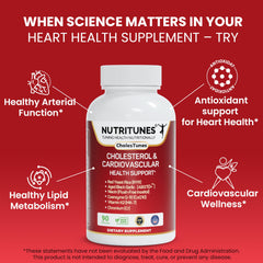 Nutritunes Cholesterol Support bottle label close-up highlights ABG10+ and CoQ10.
