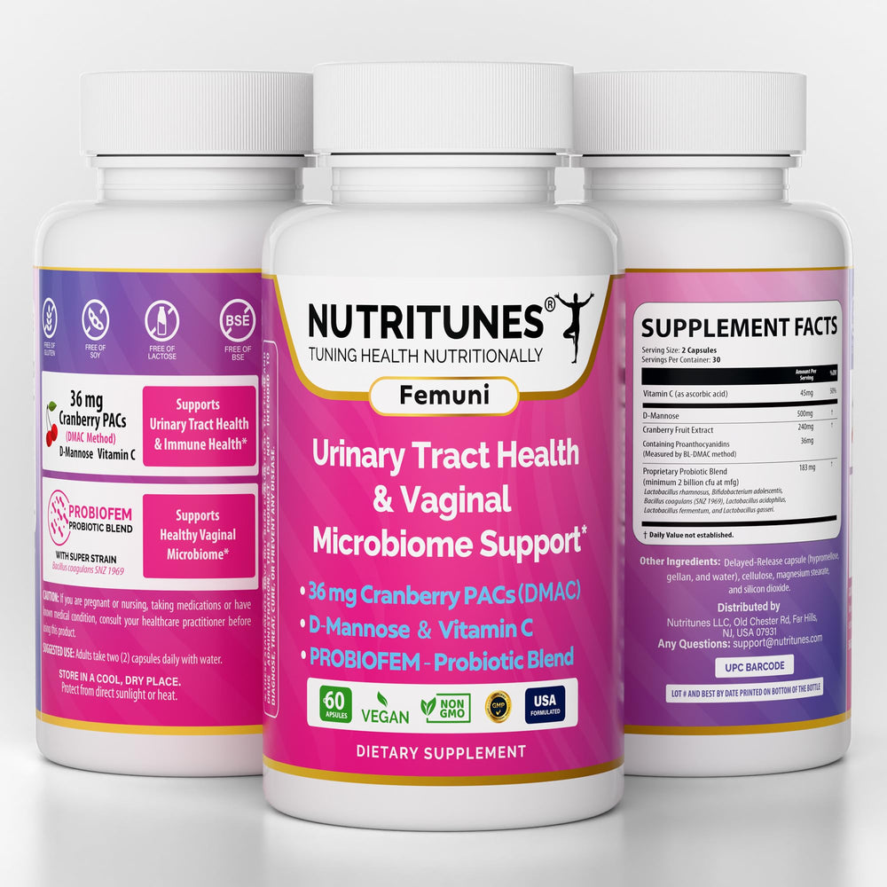 Nutritunes Femuni UTH bottle and label highlighting all-in-one formula