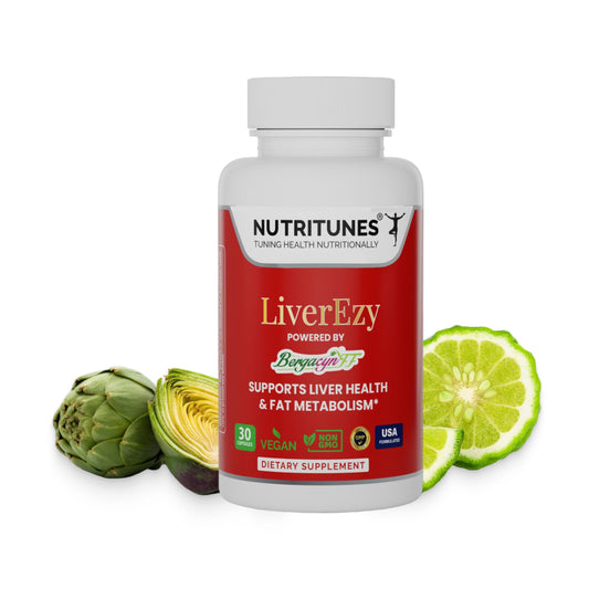 NutriTunes LiverEzy bottle front shows daily vegan liver support