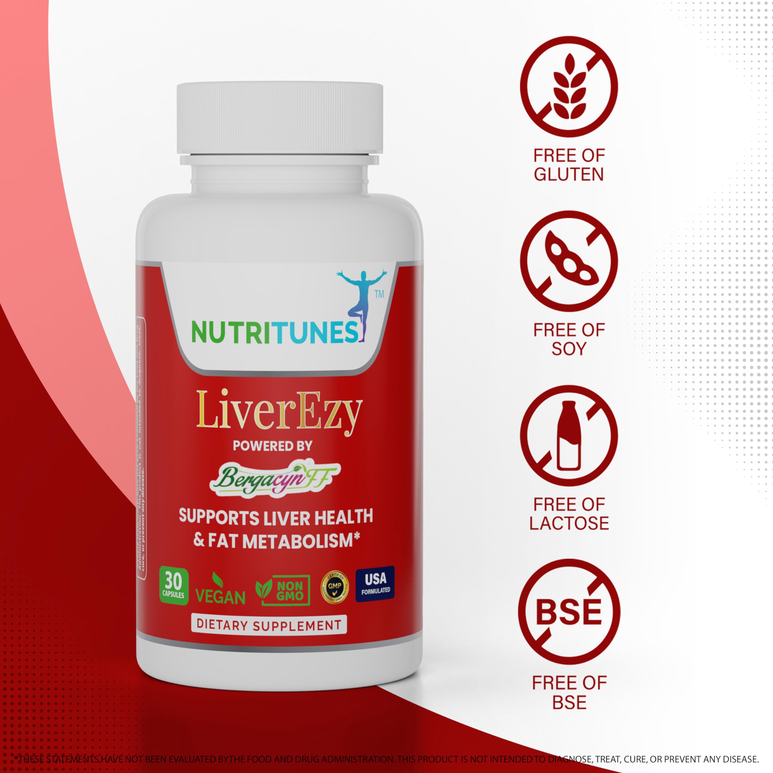 NutriTunes LiverEzy bottle label features Bergacyn FF blend for detox support