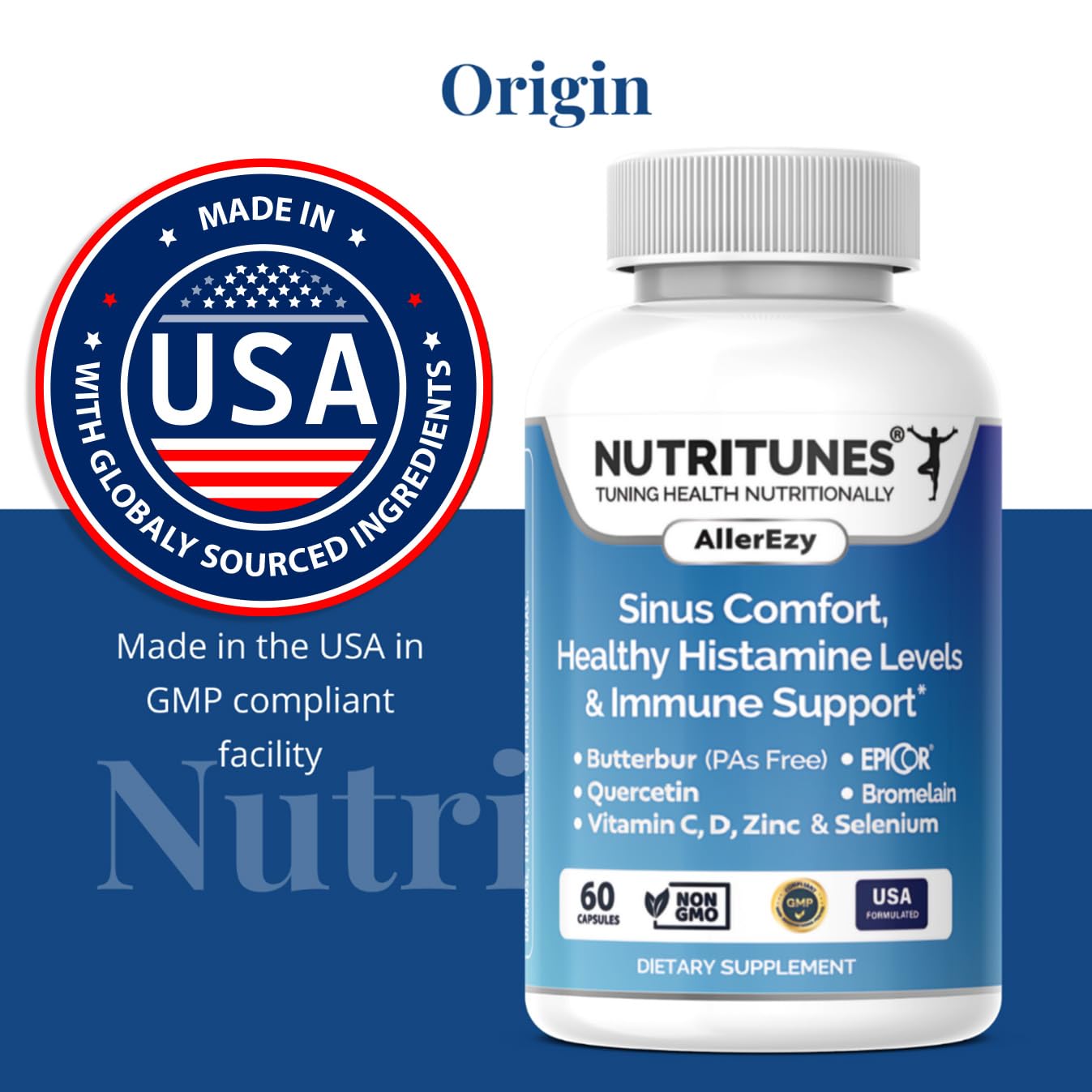 Nutritunes USA-made facility GMP badge on packaging.