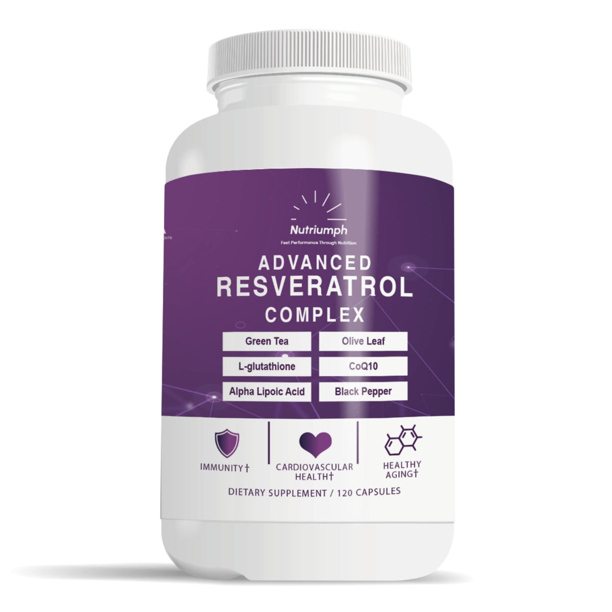 Nutriumph Advanced Resveratrol Complex bottle label with antioxidant-rich formula for daily wellness.