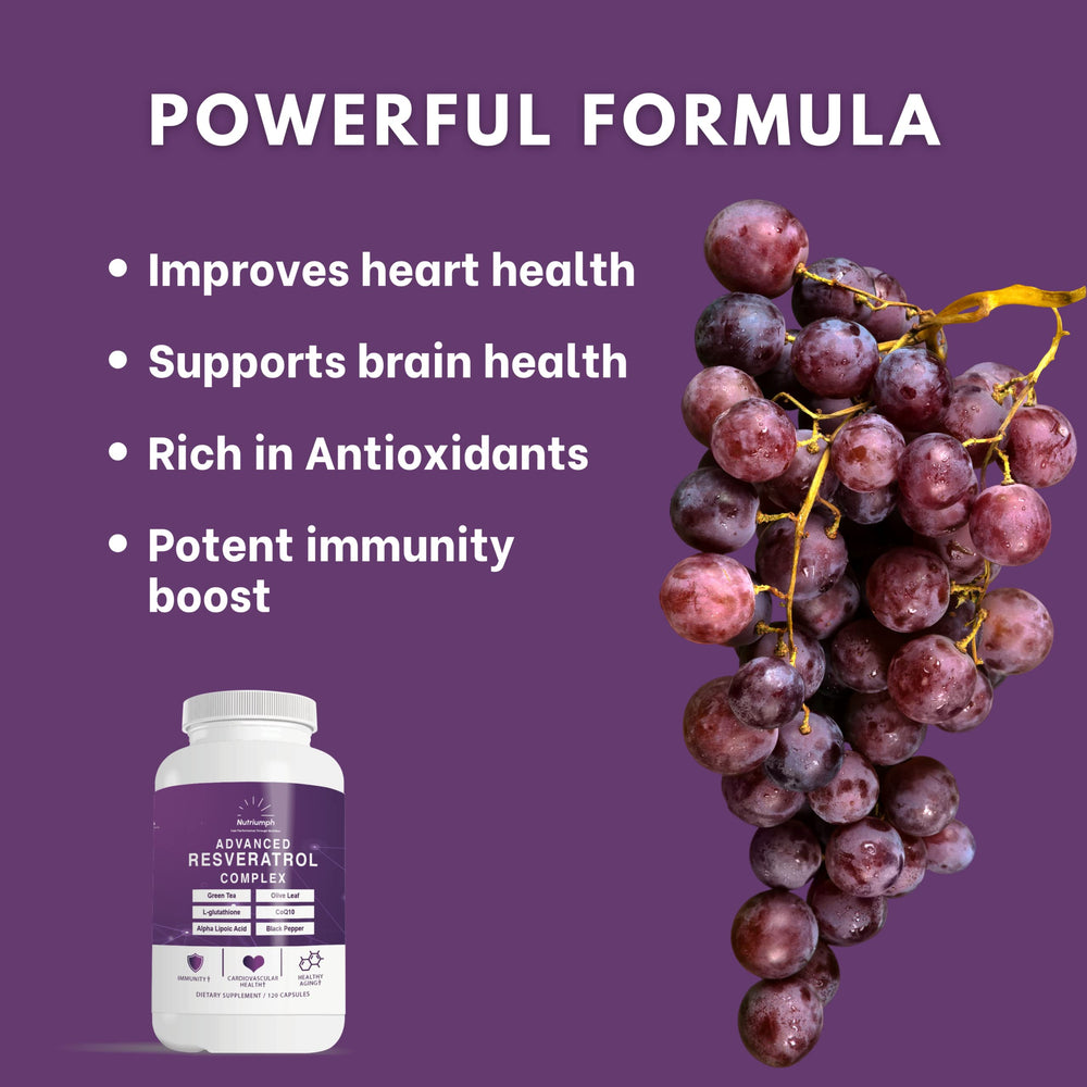 Nutriumph Advanced Resveratrol Complex ingredients panel highlighting CoQ10 and L-glutathione for cellular health.