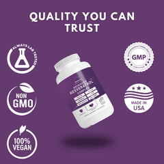 Nutriumph Advanced Resveratrol Complex packaging emphasizing non-GMO and USA-made quality.