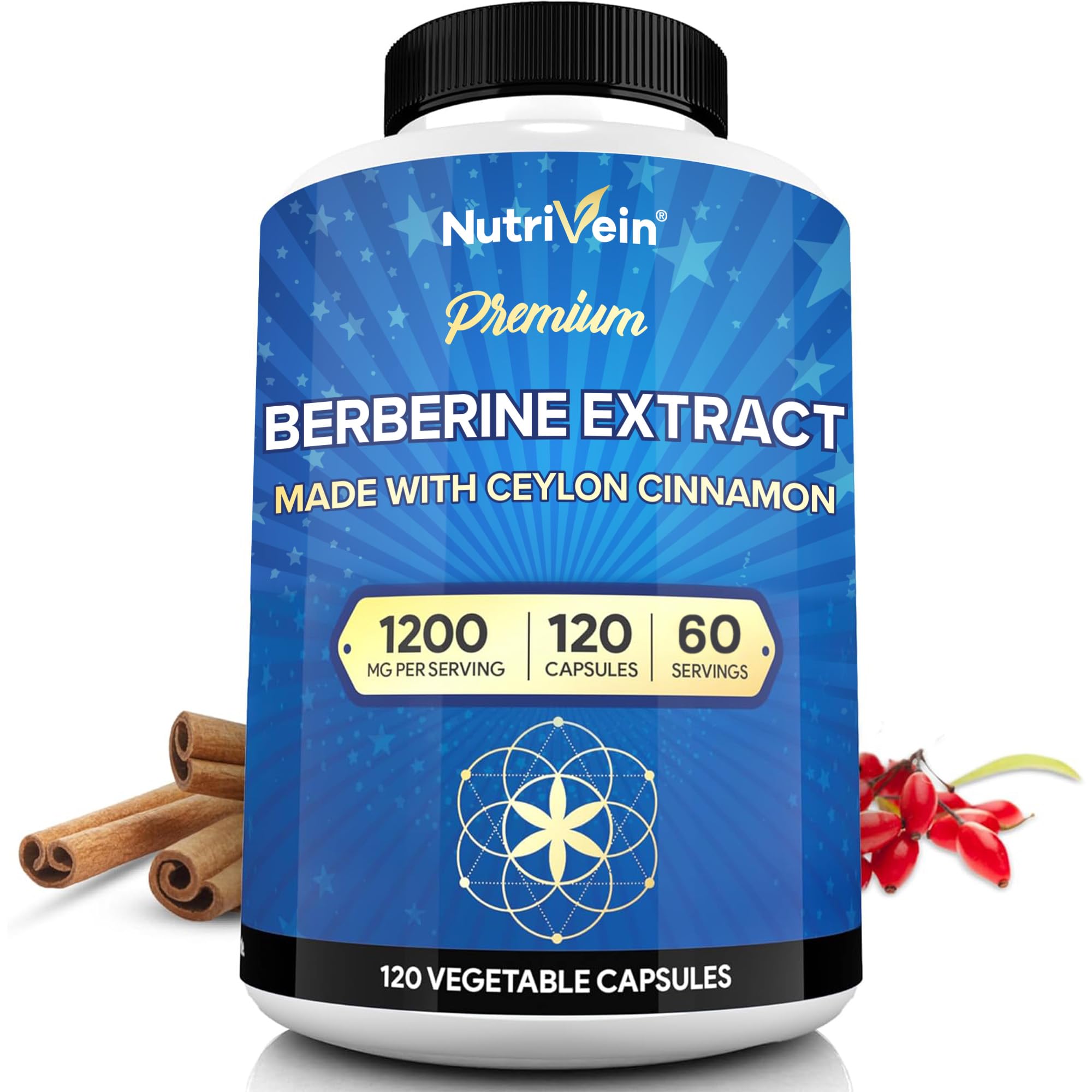 Nutrivein berberine 1200mg bottle with clean vegan formula for daily digestion support