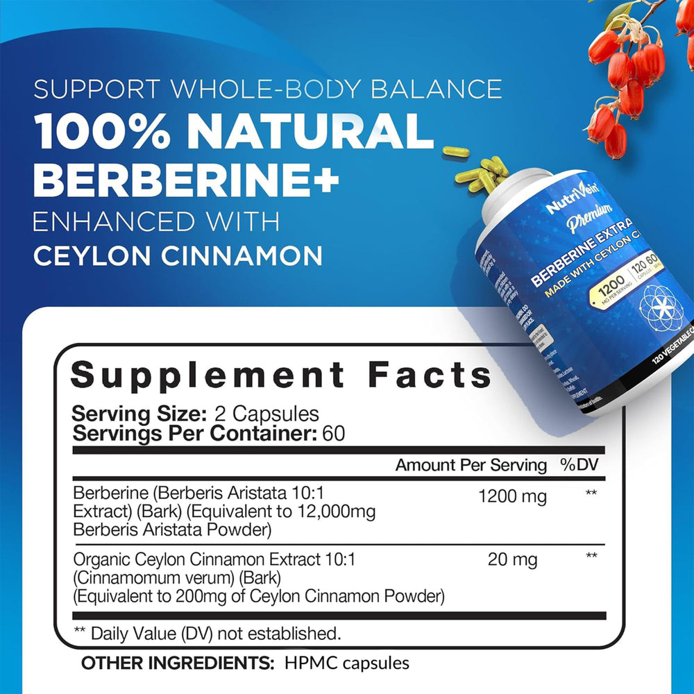 Nutrivein berberine cinnamon capsules closeup highlights cinnamon synergy for balanced metabolism