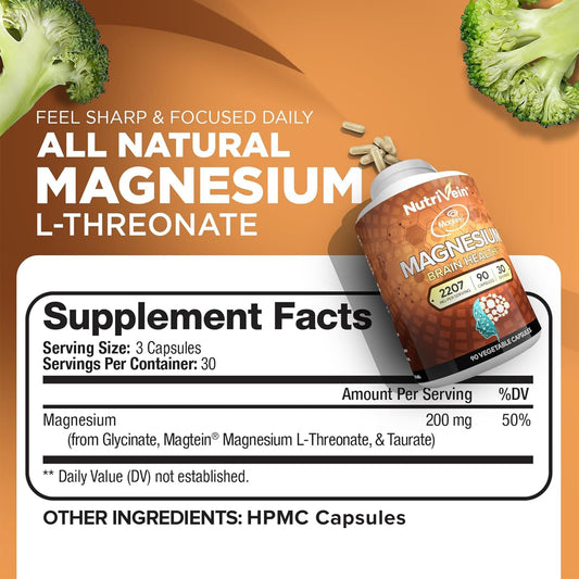 Nutrivein Magtein capsules close-up showing easy-to-swallow daily supplement