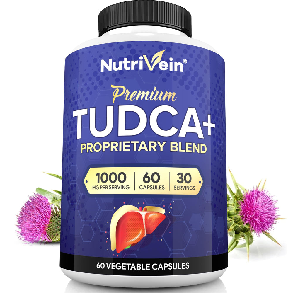 Nutrivein TUDCA+ bottle closeup showing 1000 mg formula for liver support