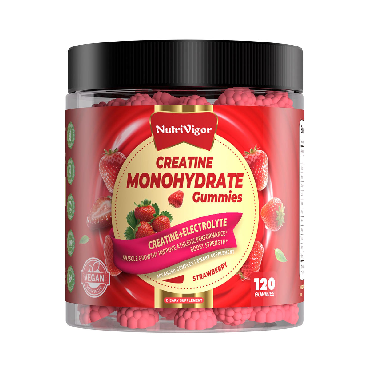 NutriVigor Creatine Monohydrate Gummies bottle front, strawberry flavor, convenient preworkout boost.