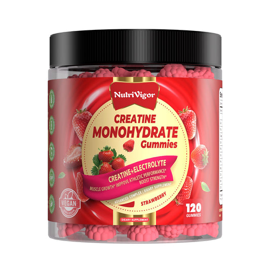 NutriVigor Creatine Monohydrate Gummies bottle front, strawberry flavor, convenient preworkout boost.