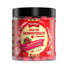 NutriVigor Creatine Monohydrate Gummies bottle front, strawberry flavor, convenient preworkout boost.