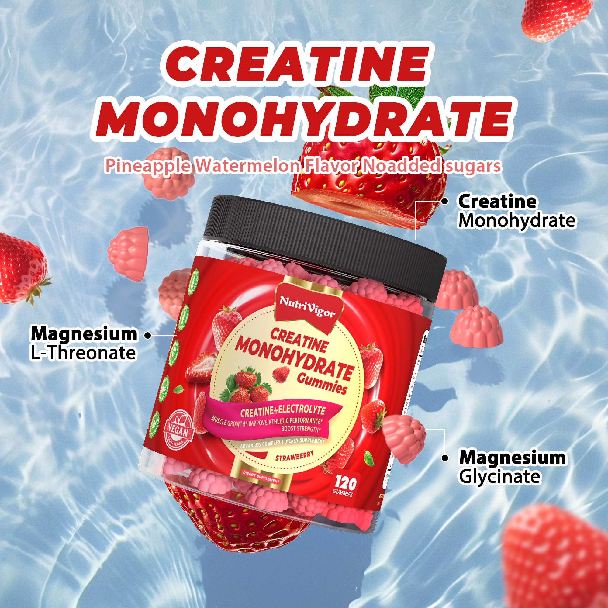 NutriVigor gummies label close-up, vegan and sugar-free ingredients.