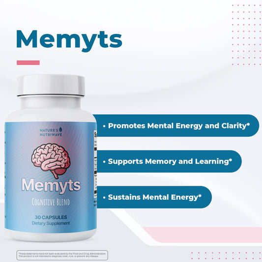 Nature’s NutriWave Memyts capsules closeup showing a gentle B vitamin blend.