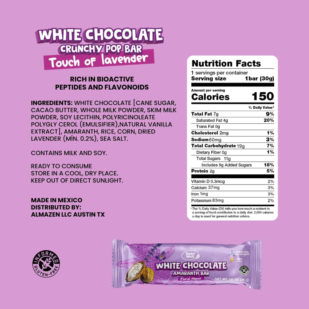 Nutriwell white chocolate amaranth bar melt shot highlighting creamy melt for dessert-like snack