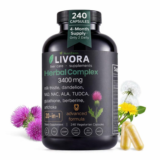 NutriZenis LIVORA bottle with capsules promotes daily wellness through a plant-based blend.
