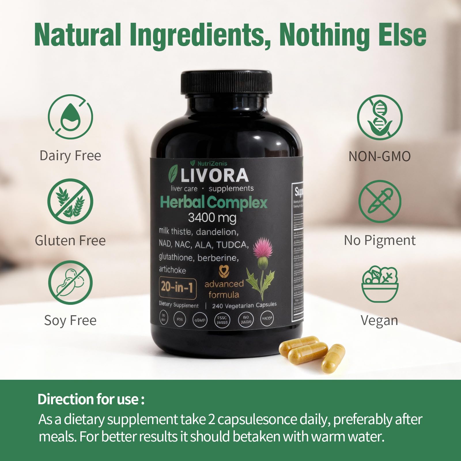 Packaging nutrition label highlights gluten-free and GMO-free attributes for LIVORA.