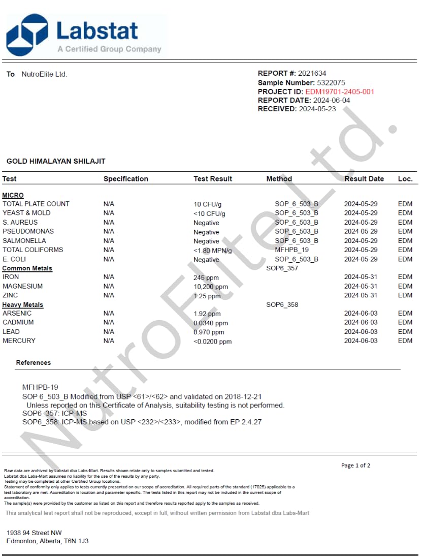 NutroElite lab-tested shilajit resin confirms authenticity and safety cues.