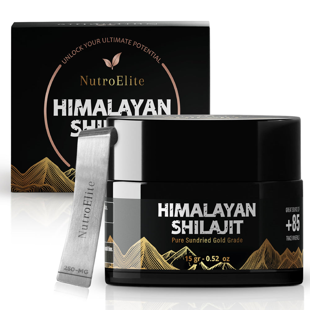NutroElite pure gold shilajit resin jar highlights premium resin for daily vitality.