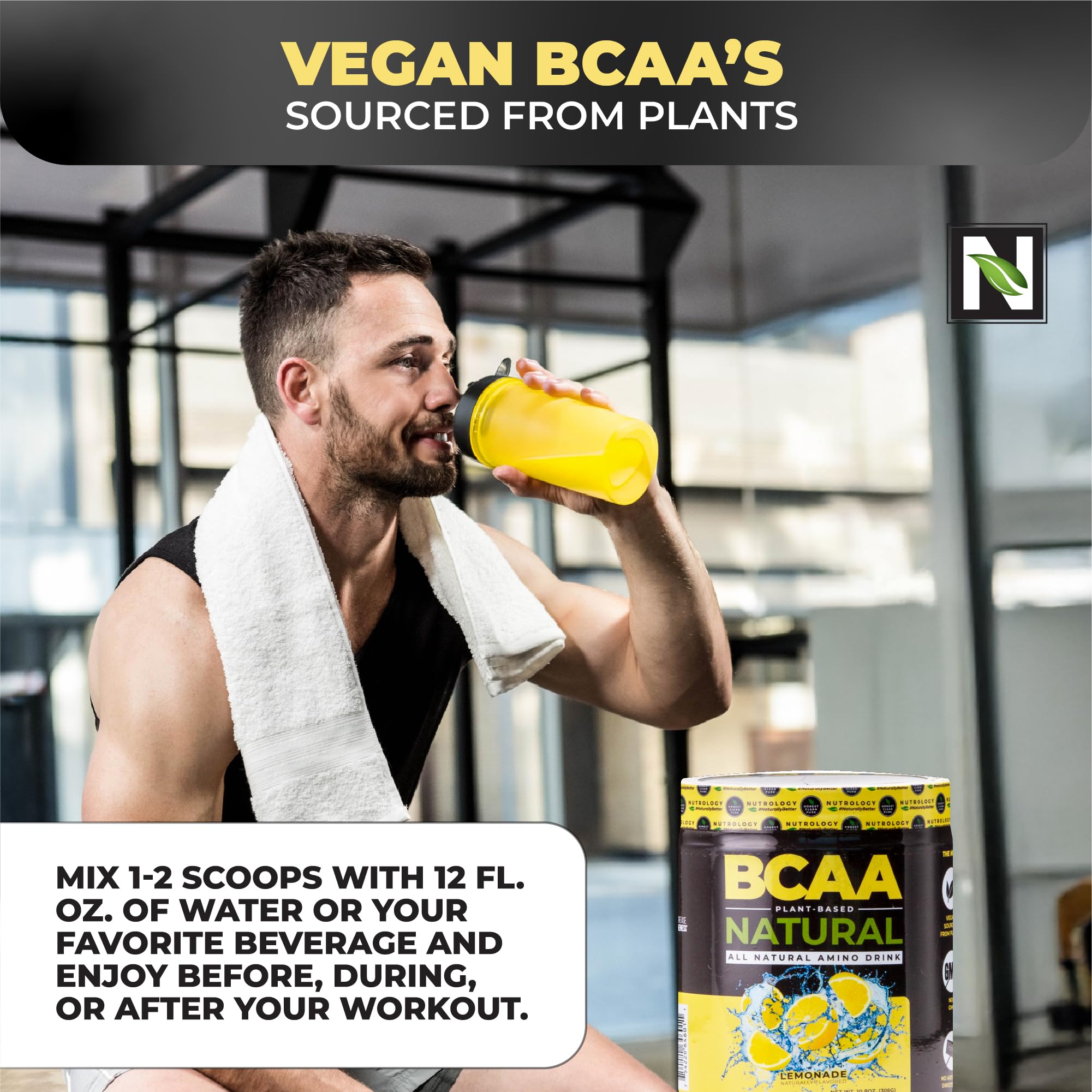 Nutrology BCAA Natural glass with prepared lemonade for hydration and recovery.