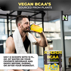 Nutrology BCAA Natural glass with prepared lemonade for hydration and recovery.
