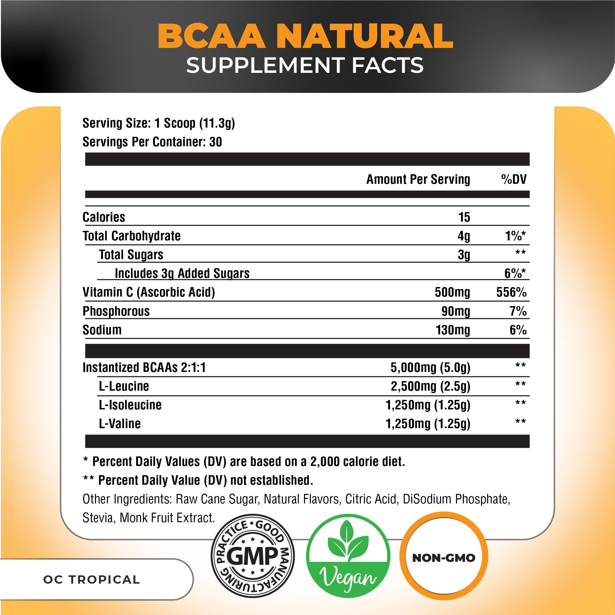 Nutrology BCAA Natural orange coconut bottle showing vegan gluten-free formula.