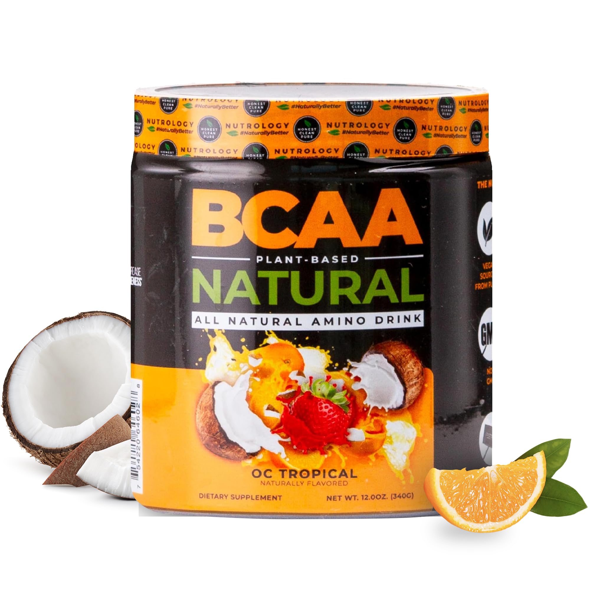 Nutrology BCAA Natural orange coconut powder scoop for post-workout recovery.