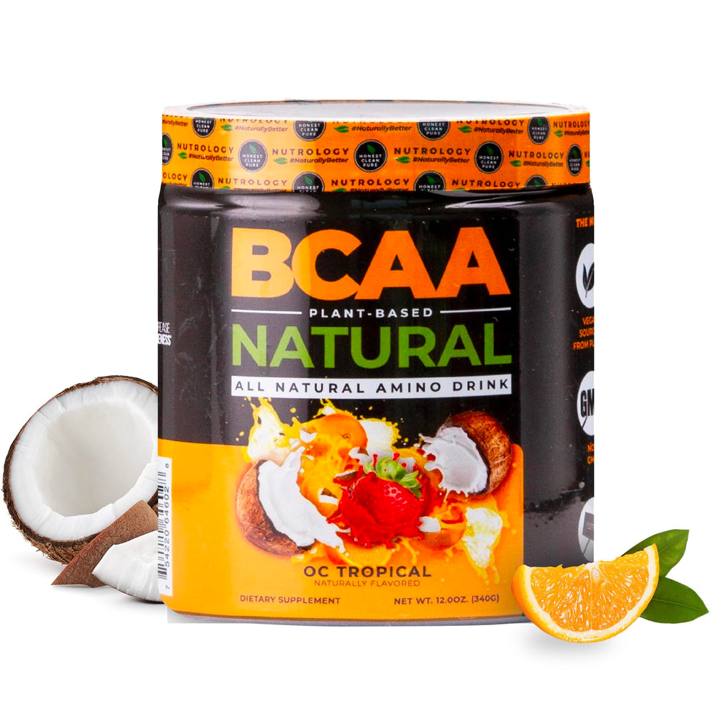 Nutrology BCAA Natural orange coconut powder scoop for post-workout recovery.