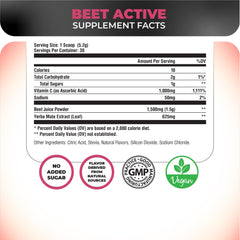 Beet root and Yerba Mate ingredients panel highlight natural energy sources